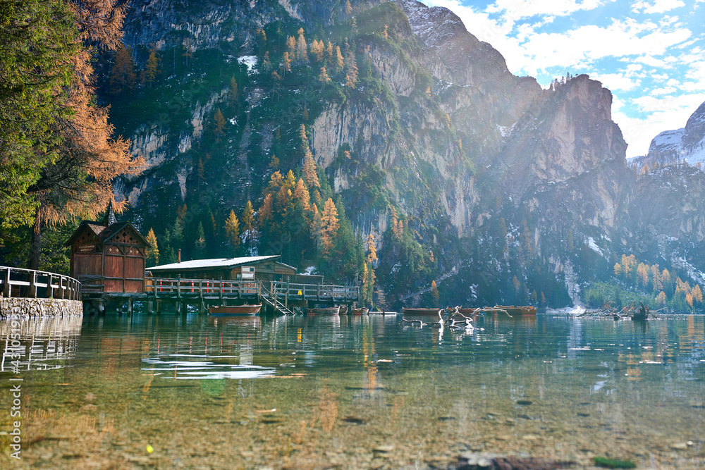 The beautiful Braies lake in late autumn with a little snow, Pearl of the Dolomite lakes is an UNESCO heritage and is located in the Braies Alto Adige,Italy The beautiful Braies lake in late autumn with a little snow, Pearl of the Dolomite lakes is an UNESCO heritage and is located in the Braies Alto Adige,Italy