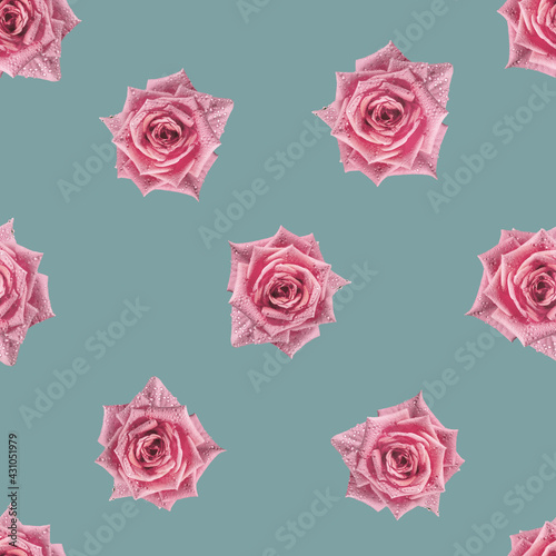 Fresh pink roses seamless pattern with water drops on a muted green background. Vintage retro style texture for decorating wallpaper  textiles  wrapping paper.