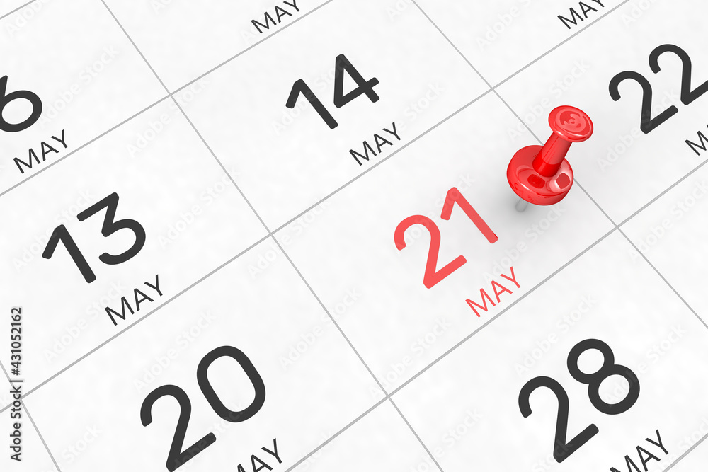 3d rendering of important days concept. May 21st. Day 21 of month. Red date written and pinned on a calendar. Spring month, day of the year. Remind you an important event or possibility. 3d rendering of important days concept. May 21st. Day 21 of month. Red date written and pinned on a calendar. Spring month, day of the year. Remind you an important event or possibility.