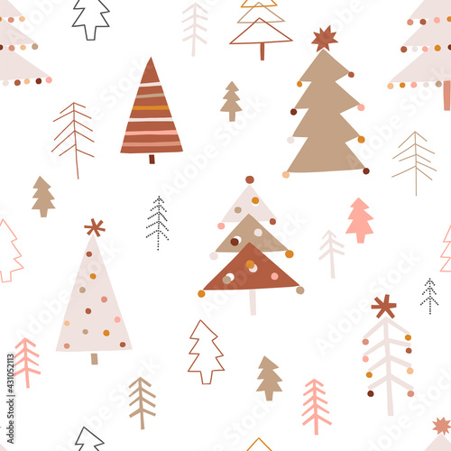 Cute decorated Christmas tree forest vector seamless pattern. Whimsy boho Xmas party abstract modern pine tree hygge festive background. Seasonal winter holidays geometric graphic design