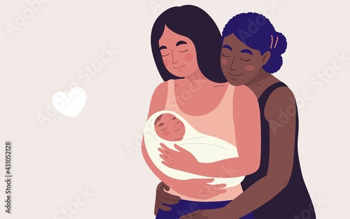 Portrait two mom women, African and Caucasian black hair, embracing their newborn baby. Vector illustration concept women's and LGBTQ rights, diverse family, multi-ethnicity, mother's day, baby shower