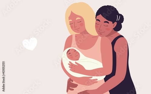Portrait two mom women, Asian and Caucasian black hair, embracing their newborn baby. Vector illustration concept women's and LGBTQ rights, diverse family, multi-ethnicity, mother's day, baby shower