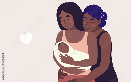 Portrait two black mom women, Asian, African, Indian embracing their newborn baby. Vector illustration concept women's and LGBTQ rights, diverse family, multi-ethnicity, mother's day, baby shower
