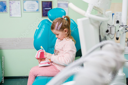 The child sits in the dentist's office and holds an artificial jaw in his hands and brushes her teeth