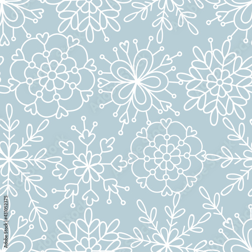 Delicate lace doodle snowflakes neutral blue vector seamless pattern. Whimsy Christmas winter modern boho festive ornate background. Seasonal holidays linear geometric graphic design