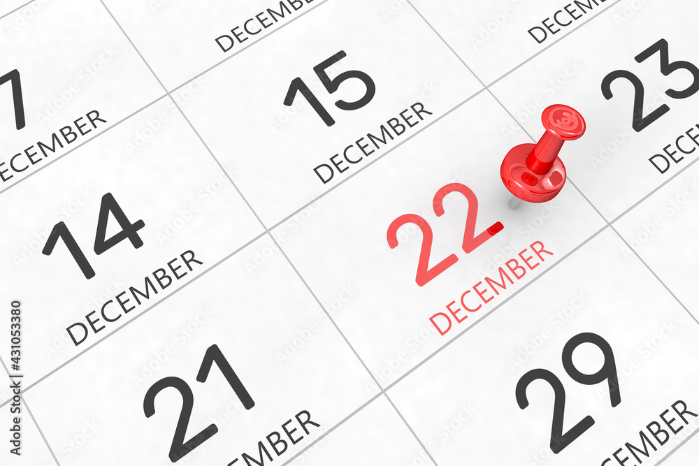 3d rendering of important days concept. December 22nd. Day 22 of month. Red date written and pinned on a calendar. Winter month, day of the year. Remind you an important event or possibility. 3d rendering of important days concept. December 22nd. Day 22 of month. Red date written and pinned on a calendar. Winter month, day of the year. Remind you an important event or possibility.