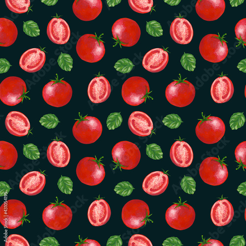 Gouache tomato seamless pattern on dark background. Red vegetables print for textile, fabric, wrapping paper, wallpaper, design and decoration.