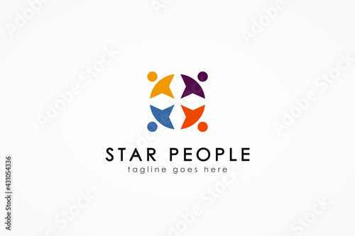 Abstract People Logo. Colorful Circular Star Shapes with Dots Human Icon with Negative Space Cross Sign inside isolated on white background. Flat Vector Logo Design Template Element.
