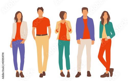  Set of young men and women, different colors, cartoon character, group of silhouettes of standing business people, students, the design concept of flat icon, isolated on white background