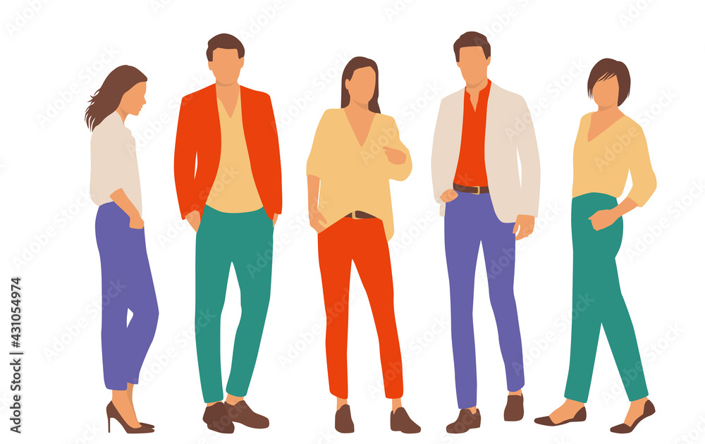 Obraz premium Set of young men and women, different colors, cartoon character, group of silhouettes of standing business people, students, the design concept of flat icon, isolated on white background