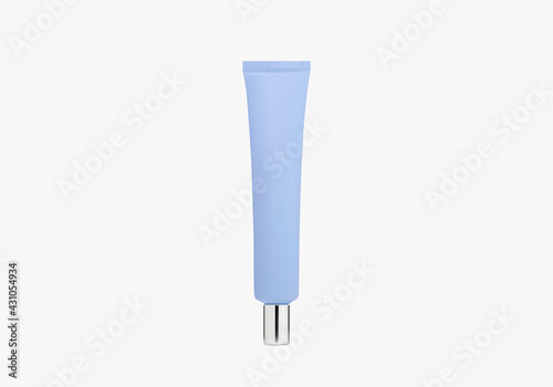 Natural skincare product branding mock up. Blank blue realistic bottle plastic tube with silver cap. Packaging of cream, body lotion, serum, gel or facial foam. 3d vector.