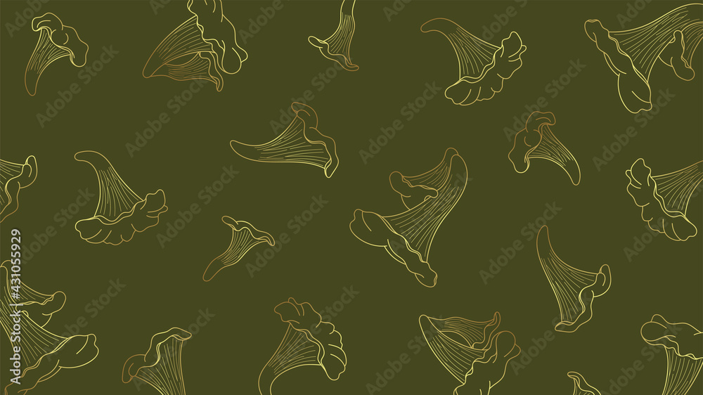 Olive green background with golden outlines of edible chanterelle mushrooms