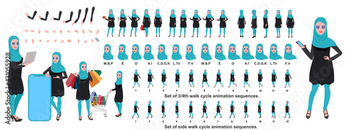Islamic Girl Character Design Model Sheet with walk cycle animation. Girl Character design. Front, side, back view and explainer animation poses. Character set with various views and lip sync 
