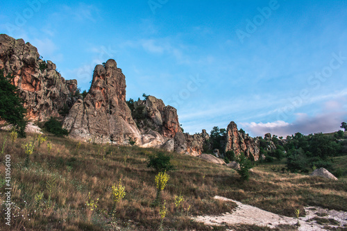 The wonderful geography of Phrygia. City of the Phrygians. Rocks, steppe and mountains. View of the Phrygian valley. Rock houses in the ancient city.