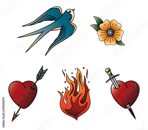 Set of old school American traditional tattoos swallow, flower, heart, arrow, dagger, flame