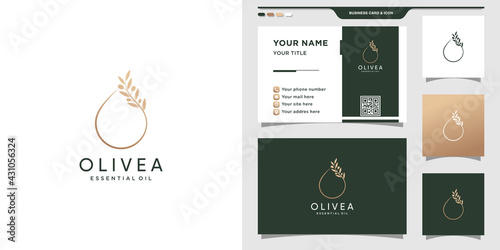 Elegant olive logo combined with water drop, droplet and modern concept. Oil beauty logo and business card design Premium Vector