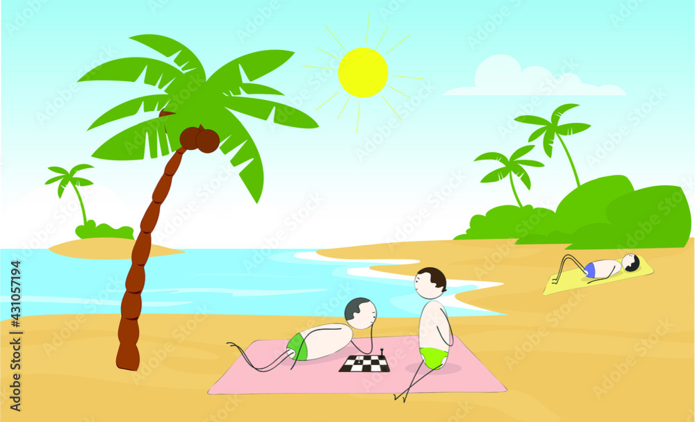 beach vacation on a sunny day on the sandy seashore, play chess