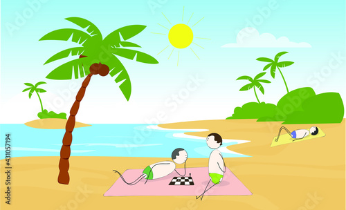 beach vacation on a sunny day on the sandy seashore, play chess