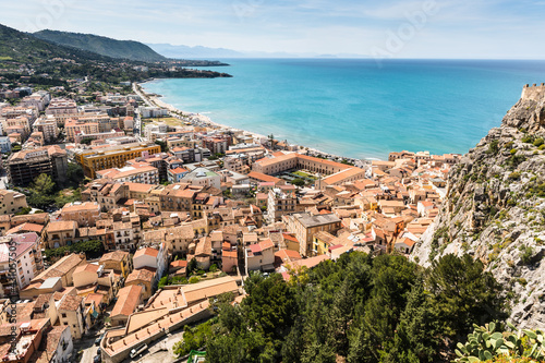 Aerial view on Cefalu, Sicilly with blue sea in distance