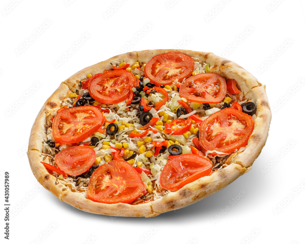 Pizza with cheese and tomato sauce isolated on white background. vegetarian topping. Pizza with cheese and tomato sauce isolated on white background. vegetarian topping.