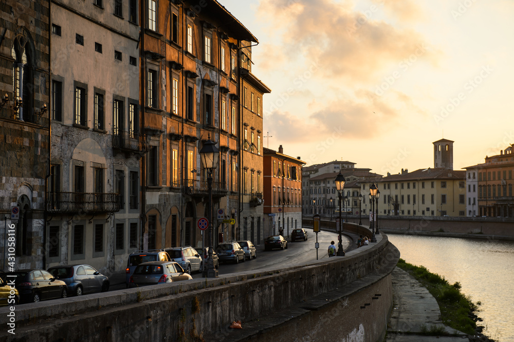 Charming Street in Pisa Italy on sunset