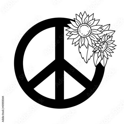 Peace sign with sunflowers. Peace symbol with flowers. Vector illustration. 