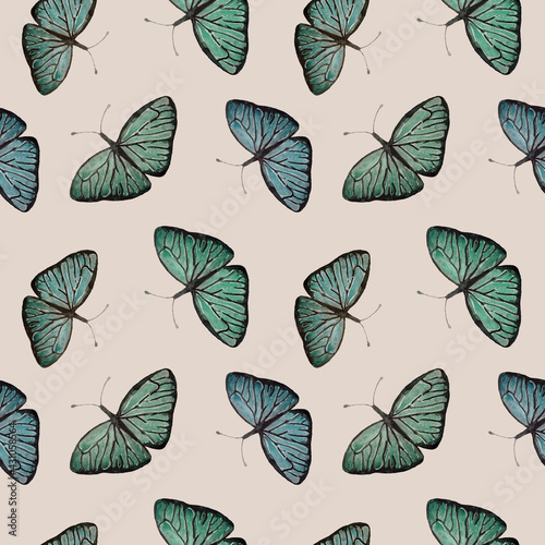 Watercolor seamless pattern with blue, green butterflies on a pastel background