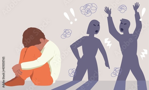 Illustration concept of childhood and relationship problems, divorce, education, psychology. Child sad and scared because of arguing parents, bad thoughts, shadow. Insecurity, loneliness, problems at 