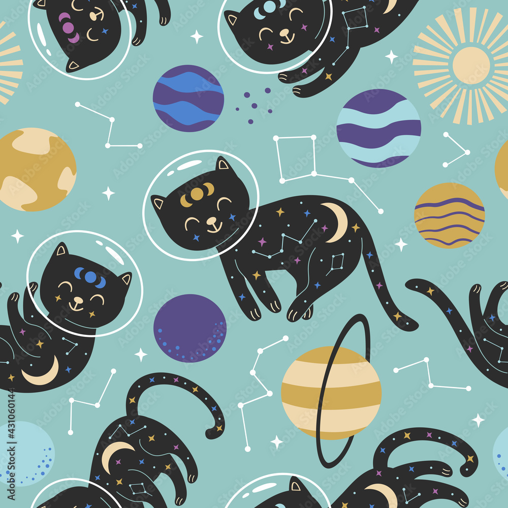 seamless pattern with celestial cats in space on blue background