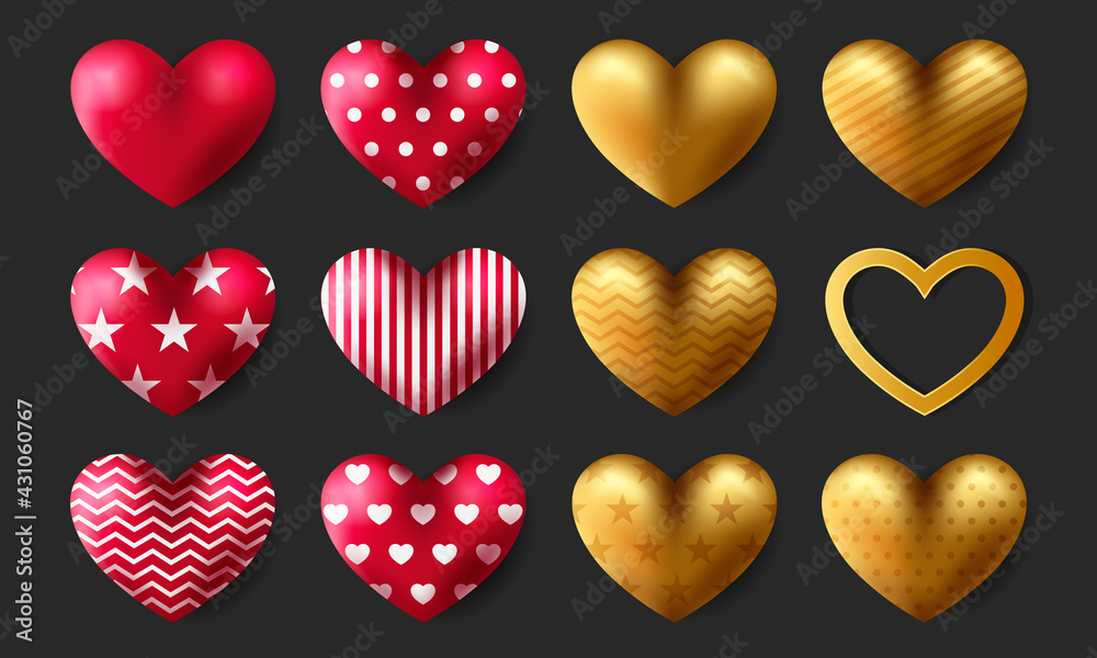 Realistic vector love shape illustration in golden & red color. Set of abstract 3d heart icon for valentines day, holiday, health, healthcare, and wedding decoration. Graphic background design.