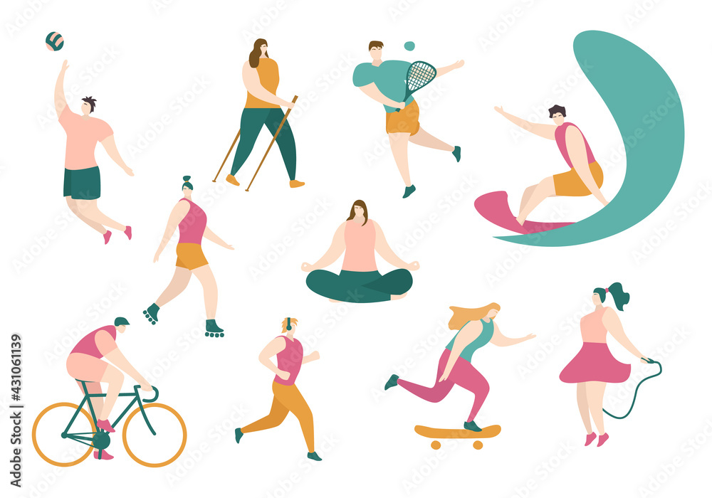 Funny men and women are engaged in different sports. Set. Physical activity, healthy lifestyle. Outdoor fitness Funny men and women are engaged in different sports. Set. Physical activity, healthy lifestyle. Outdoor fitness