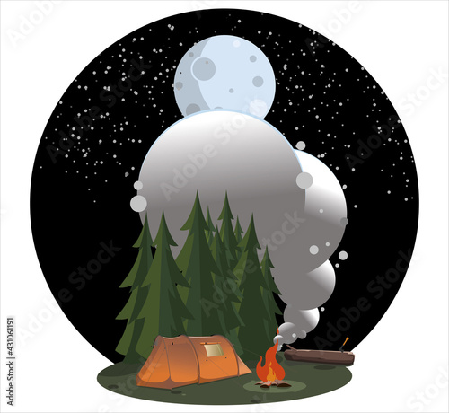 Campaign The camp stands in a clearing near the forest. The night sky is strewn with stars. Moon. A bonfire burns near an orange tent