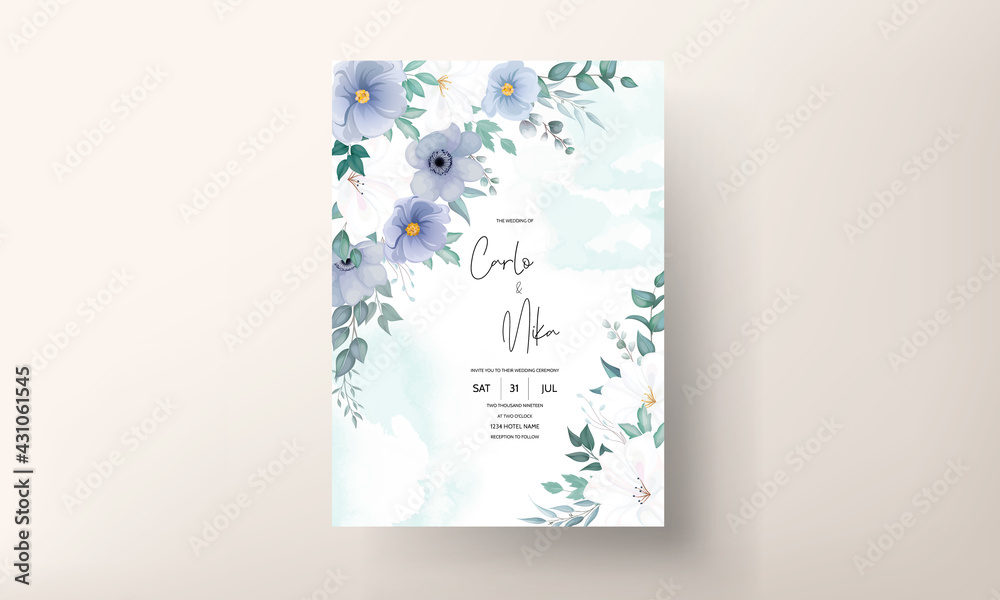 Beautiful wedding invitation card with blue flower