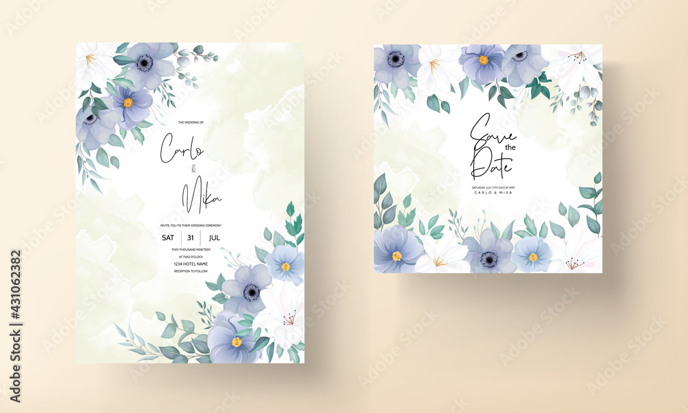 Beautiful wedding invitation card with blue flower