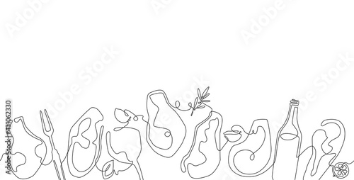 Seamless Horizontal Pattern with Meat, Spices and Utensils. Vector Background...