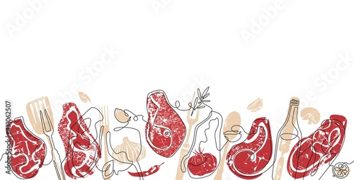 Seamless Horizontal Pattern with Meat, Spices and Utensils. Vector Background. Continuous line drawing style.