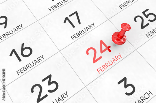 3d rendering of important days concept. February 24th. Day 24 of month. Red date written and pinned on a calendar. Winter month, day of the year. Remind you an important event or possibility.