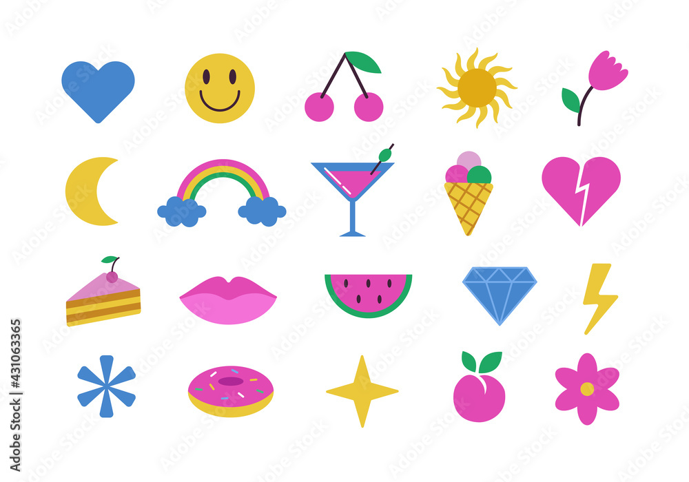 Modern cute colorful stickers set on white background. Flat patches of cherry, ice cream, diamond,  watermelon, lips, flower, rainbow, hearts, etc. Cartoon 80s-90s style. Vector illustration