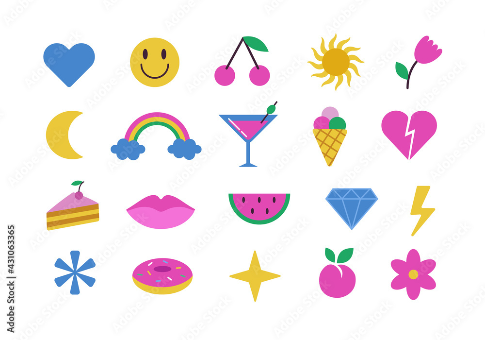 Modern cute colorful stickers set on white background. Flat patches of cherry, ice cream, diamond, watermelon, lips, flower, rainbow, hearts, etc. Cartoon 80s-90s style. Vector illustration Modern cute colorful stickers set on white background. Flat patches of cherry, ice cream, diamond, watermelon, lips, flower, rainbow, hearts, etc. Cartoon 80s-90s style. Vector illustration