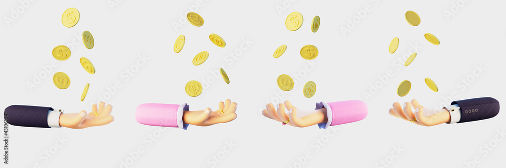 Set of cartoon 3d hands. Men's and women's hands catch falling dollars euros gold coins. Payment concept art. 3d render illustration isolated on a white background.