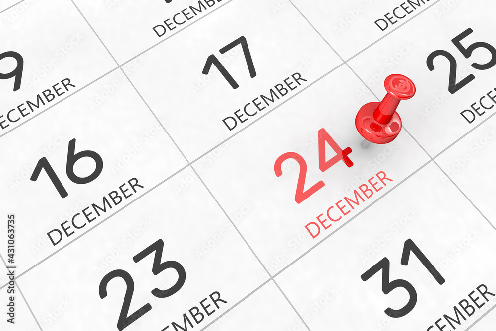 3d rendering of important days concept. December 24th. Day 24 of month. Red date written and pinned on a calendar. Winter month, day of the year. Remind you an important event or possibility. 3d rendering of important days concept. December 24th. Day 24 of month. Red date written and pinned on a calendar. Winter month, day of the year. Remind you an important event or possibility.