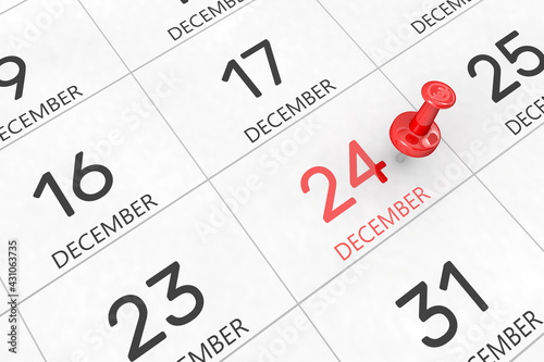 3d rendering of important days concept. December 24th. Day 24 of month. Red date written and pinned on a calendar. Winter month, day of the year. Remind you an important event or possibility.