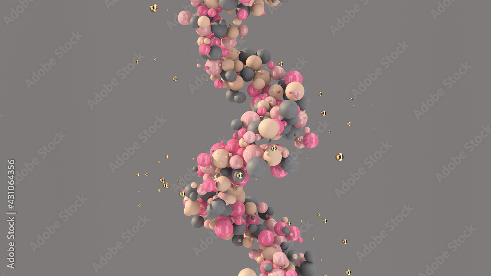 Spiral with colorful balls, metallic particles. Abstract illustration, 3d render.