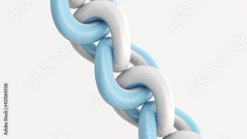 White and blue chain. White background. Abstract illustration, 3d render.