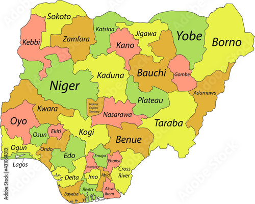 Pastel vector map of the Federal Republic of Nigeria with black borders and names of its states