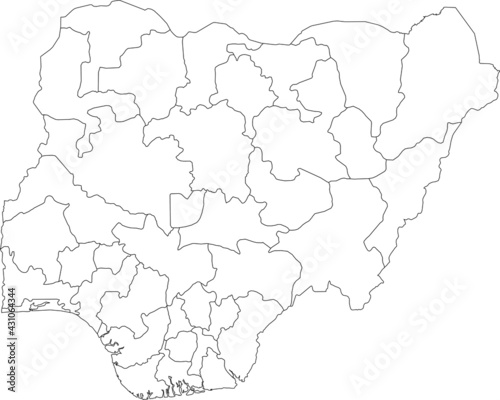 White blank vector map of the Federal Republic of Nigeria with black borders of its states