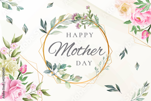 Fototapeta Naklejka Na Ścianę i Meble -  Mother's Day card or banner in green in a golden circle with flowers and leaves all around, around salmon pink and white flowers and leaves
