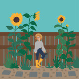 Female character working in the garden, watering sunflowers. Flat hand drawn vector illustration