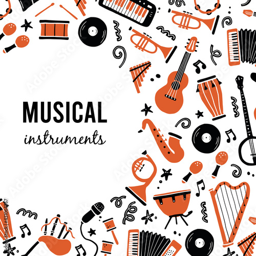 Hand drawn banners template with musical instrument, guitar, saxophone. Doodle sketch style. Vector illustration for music shop, musical instrument banner, music festival flyer, brochure background