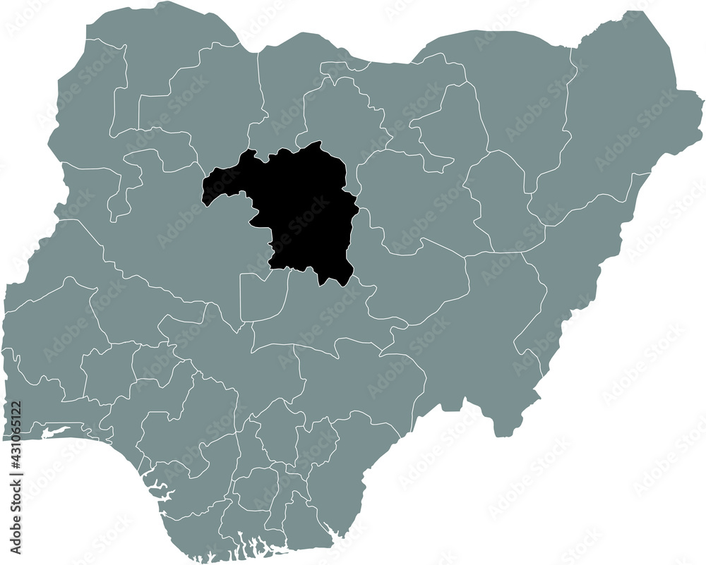Obraz premium Black highlighted location map of the Nigerian Kaduna state inside gray map of the Republic of Nigeria
